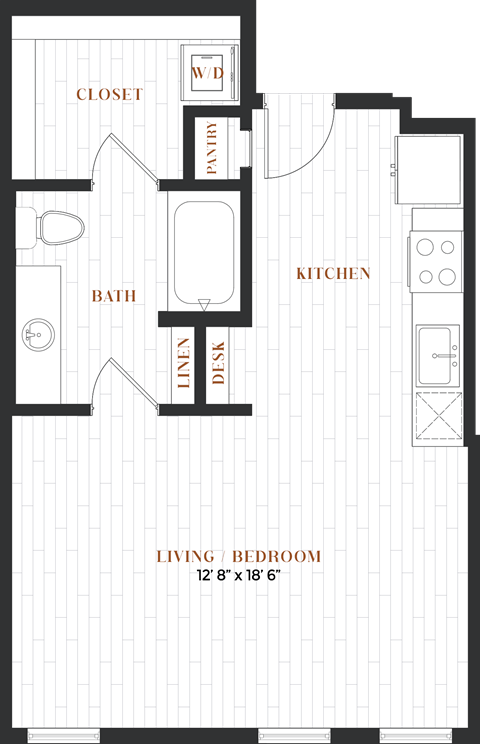 Floor plan for studio, 1 bath, 565 sqft